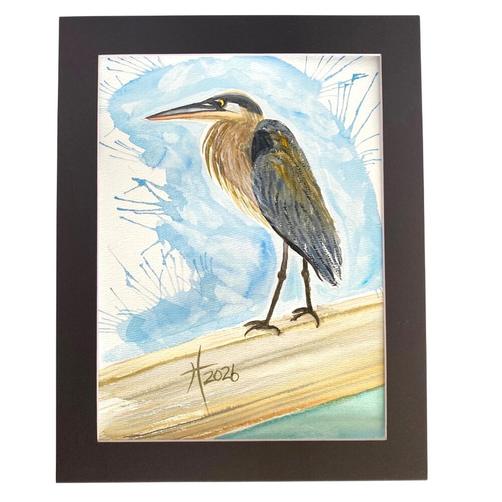 Great Blue Heron on the Dock Art Original Watercolor Painting 11x14in Matted - Picture 2 of 6
